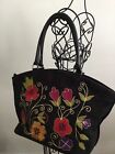 EGO Large Black Micro-Suede Tote w/Floral Crewel Embroidery