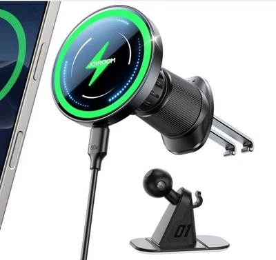 Cargador de Coche JOYROOM MagSafe 15W Rápido Doble Clip iPhone 16/15/14 Negro Foto 1 de 4