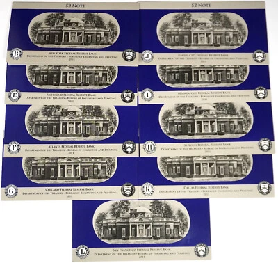 BEP 2011 $2 - 9 PIECE SINGLE NOTE COLLECTION - Image 1 of 2