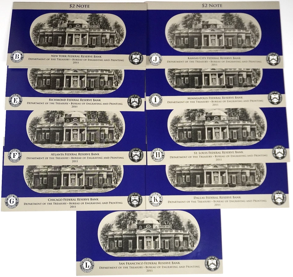 BEP 2011 $2 - 9 PIECE SINGLE NOTE COLLECTION - Image 1 of 2