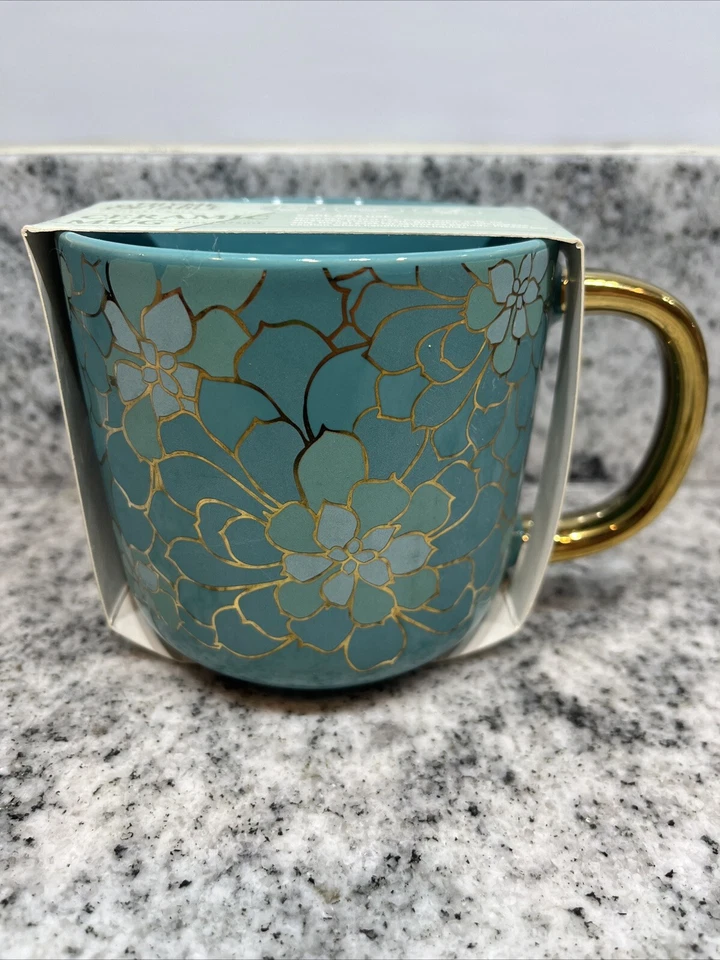 Thyme & Table Drinkware Teal Gold Succulent Stoneware Mug Coffee Tea Cup