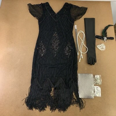 女式小号黑色亮片条纹飘逸连衣裙和配件套装 9 件全新带标签 — 第 1/4 张图片