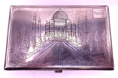 复古纯银香烟盒 TAJ MAHAL 印度刻字 "Morna" 地图 170 克 — 第 1/4 张图片