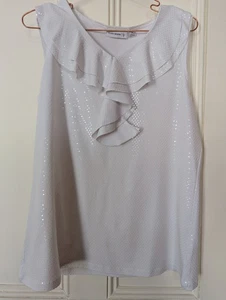 SUSAN GRAVER Size M White sleeveless Top Silky Feel Stretch Polka dots frills - Picture 1 of 5