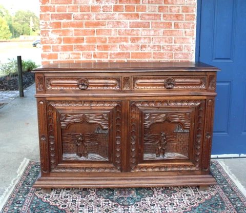 French Antique Carved Oak Britany Sideboard / Buffet / Cabinet Circa 1880 Cover