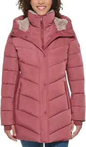 Andrew Marc Women's Mixed Media Hooded Puffer Walker Jacket, Terra Rose, XL - Picture 1 of 4