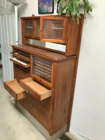 Antique Oak Dental Cabinet Etched Glass Doors and Drop Down Glass Cover Cover