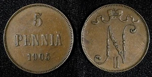 Finland Nicholas II Copper 1905 5 Penniä Mintage-620,000 BETTER DATE KM# 15  (1) - Picture 1 of 3
