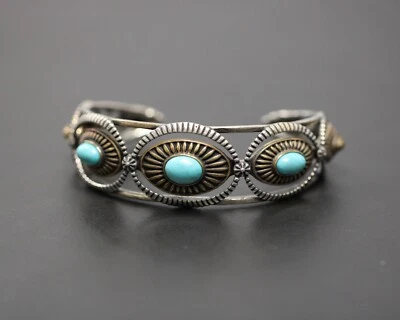 Carolyn Pollack Relios 纯银、黄铜和绿松石袖口手链 35.5 克 — 第 1/4 张图片