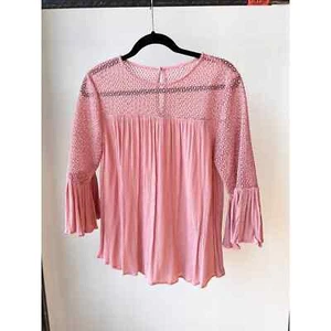 LOFT Women's Pink Lace Yoke Half Bell Hem Sleeve Boho Flowy Blouse size S/M - Picture 1 of 7