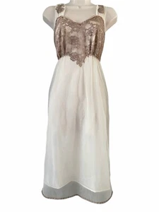 1960's Vintage Nightgown Lingerie Ivory Chiffon Nude Lace + Satin Ribbon, Sz 36 - Picture 1 of 6