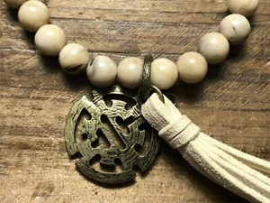 Tan Beaded Bracelet Tassel and Asian Good Luck Charm Stretch Bracelet Jewelry - Picture 1 of 5