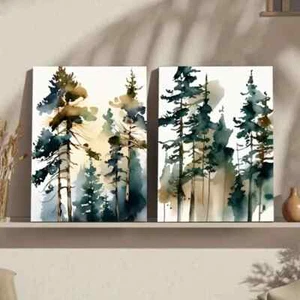2pcs Pine Trees Misty Forest Oil Paintings Wall Art Canvas Unframed - Picture 1 of 6