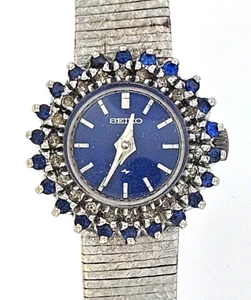 VINTAGE 1970's SEIKO 14K WHITE GOLD DIAMOND AND SAPPHIRE WATCH - Picture 1 of 14