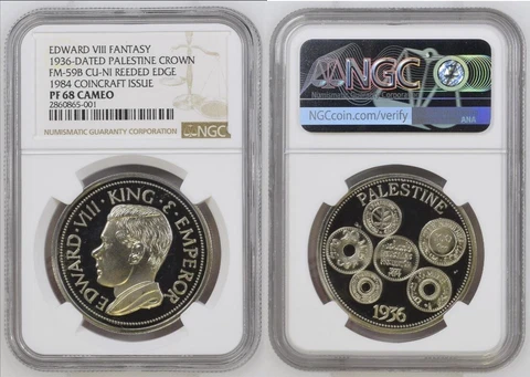 PALESTINE CROWN 1984 COINCRAFT ISSUE Medal NGC PF 68 CAMEO EDWARD VIII FANTASY Cover
