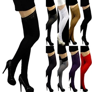 Halterlose Strümpfe Mikrofaser GR XL/XXL (44-48) BLICKDICHT mit SPITZE Farben - Picture 1 of 12