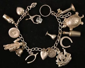 Antique Vintage Sterling Silver 16 Charm Bracelet - Picture 1 of 9
