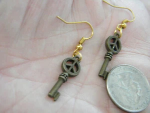 SKELETON KEY & PEACE Sign Earrings 1" Bronze Charm 14kt Gold Plate Ear Wires NEW - Picture 1 of 1