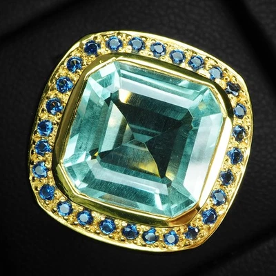 Llamativos anillos de oro de 24 quilates de plata de ley 925 de 12,12 quilates con cojín de aguamarina azul pálido Foto 1 de 4