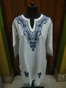 L 42" HANDMADE TOP 100% COTTON ETHNIC CHIKAN EMBROIDERY KURTA KURTI TUNIC BLOUSE - Imagen 1 de 6