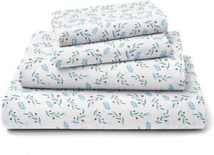Flannel King Sheet Set 100% Cotton Ultra Soft Winter Holly Christmas 4pc Bedding