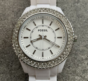 Fossil Stella Womans Watch ES2444 White Resin Double Crystal Bezel A2