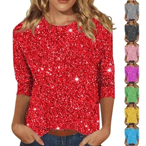 Womens Sparkly Sequin Tops 3/4 Sleeve Sparkly Glitter Party Shirts Crewneck Tops - Picture 1 of 42
