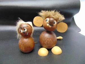vintage Pair of Teak Wood Danish Mouse figurines brown color 3" tall with fur - Picture 1 of 7