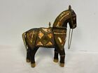 Vintage 1970’s Indian Hand Crafted Carved Wood Brass Inlay Horse Sculpture MINT