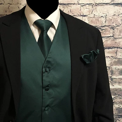 Forest Green XS - 6XL Solid Tuxedo Suit Dress Vest Waistcoat & Neck tie & Hanky - Image 1 of 3