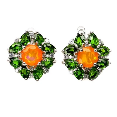925 Sterling Silver Earrings Round Orange Opal 6mm Chrome Diopside Gemstone - Image 1 of 4