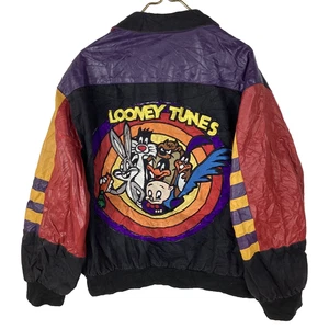 Vintage Looney Tunes Jeff Hamilton Leather Canvas Bomber Jacket Xl 90s Made Usa - Picture 1 of 7