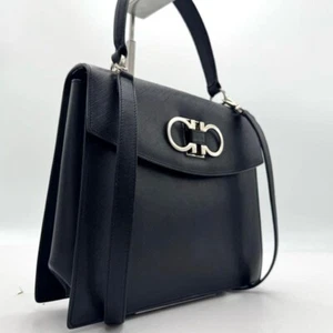 Salvatore Ferragamo Gancini 2way Shoulder Bag Handbag Saffiano Leather Black - Picture 1 of 10