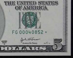 $5 2003A CU Star Federal Reserve Note FG00040852* five $ 640K SINGLE RUN ISSUE - Picture 1 of 3