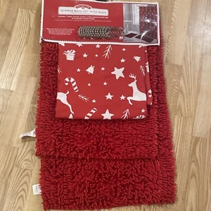 Christmas Fabric Shower Curtain Set & Hooks & 2 Rugs - Ref Holiday Bathroom Set - Picture 1 of 6