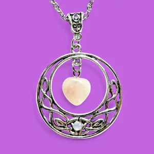 CÍRCULO NUDO CELTA CORAZÓN CUARZO ROSA Colgante Rosa Tono Plata Cristal Luna H5 - Imagen 1 de 5