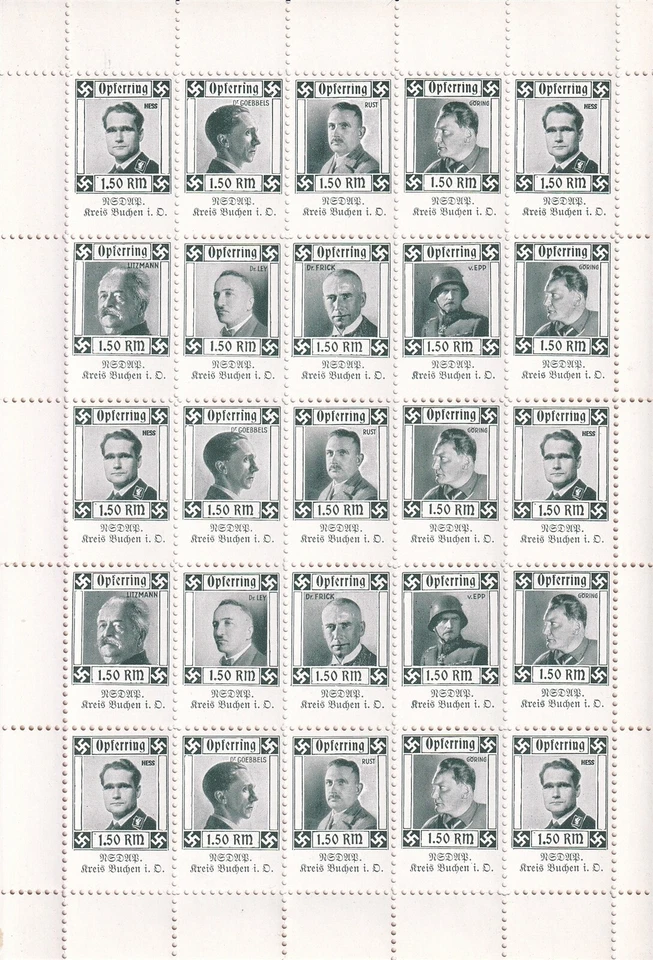 Stamp Germany Revenue Sheet WWII 3rd Reich Charity Kreis Buchen Green MNH - Image 1 of 4