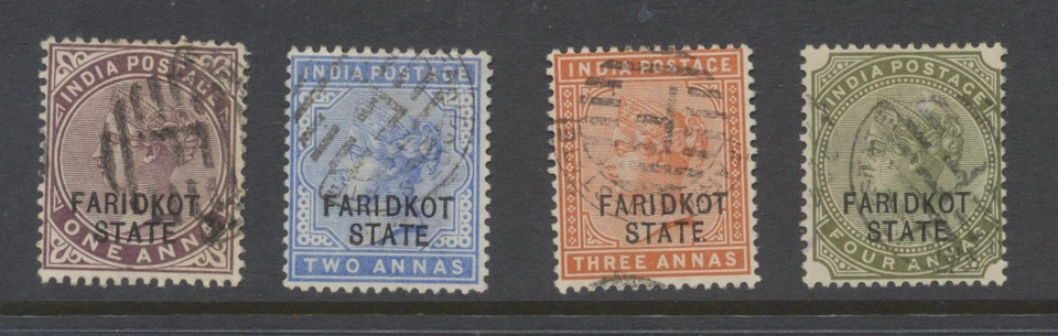 Faridkot State India 1887 SG2;4;7;8 usado con capucha barrado F matasellos CV £55 Foto 1 de 2