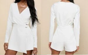 Lulu’s Long Sleeve White Faux-Wrap Belted Skort Romper Size Small NEW - Picture 1 of 9