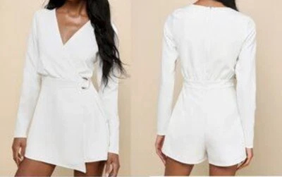 Lulu’s Long Sleeve White Faux-Wrap Belted Skort Romper Size Small NEW - Image 1 of 4