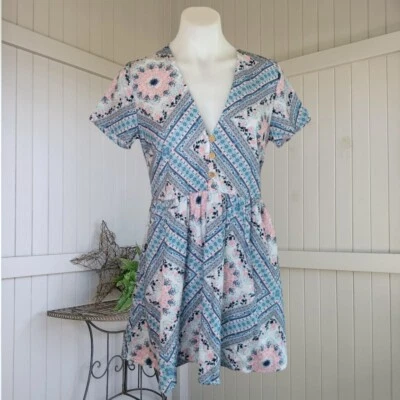 Angel Biba Womens Floral Mini Dress Blue A Line Batik Boho Fairy Ethereal Size 8 - image 1 of 4