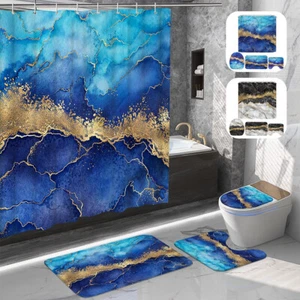 4Pcs Marble Shower Curtain Bath Mat Toilet Cover Rug Bathroom Decor Set* - Picture 1 of 14