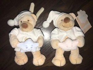 2Stück- Nattou B24 Teddybär Braun Stofftie Plüschtier Stern Mond Rosa Weiß Braun - Picture 1 of 4