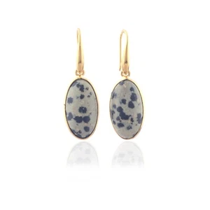 Natural Dalmatian Jasper Gold Plated Oval Shaped Bezel Setting Dangle Earrings - Bild 1 von 3