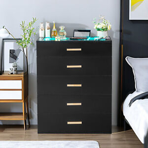 Black Bedroom Storage Cabinet w/ 5 Drawers 4 Color Lighting & Tempered Glass Top