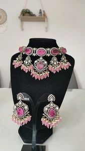 Premium CZ Indian Pakistani pink party Necklace Hanging Choker earrings Set - Picture 1 of 16