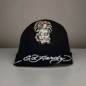 Raro cappello nero Ed Hardy berretto Y2K tatuaggio teschio serpente vintage invecchiato - Foto 1 di 7