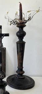 Antiguo Candelabro Madera Pintada Negra Bruja Girada Balaustre Primitivo - Imagen 1 de 8
