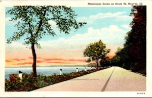Mississippi Szene abseits der Route 96 Nauvoo Illinois Leinen Postkarte UNP Fluss Bäume   - Bild 1 von 2