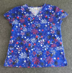 SB scrubs Top Women's Medium Poly Cotton Stars Red White Blue 3 Pockets Medical - Picture 1 of 9